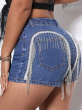 Shorts de Denim con Flecos en la Espalda y Bolsillos