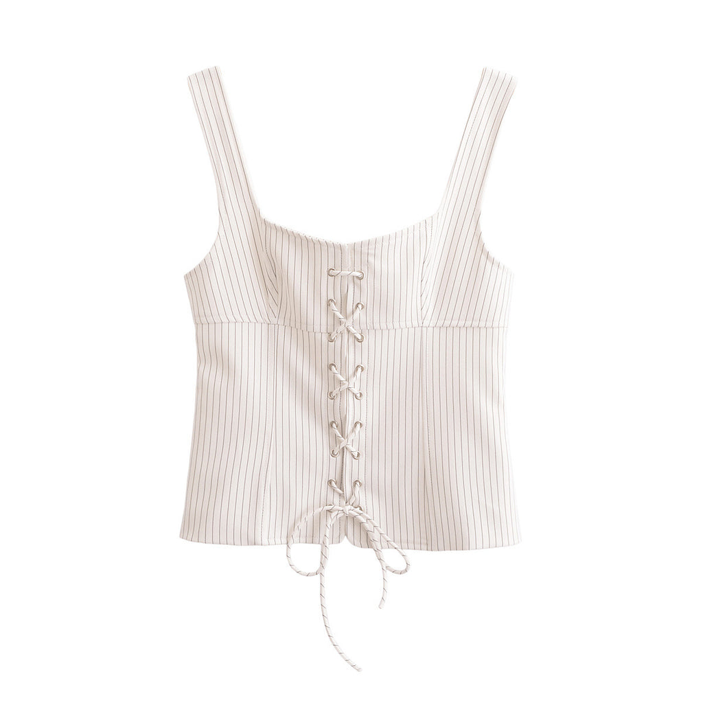 Fashionable temperament low neck sleeveless strap striped vest top