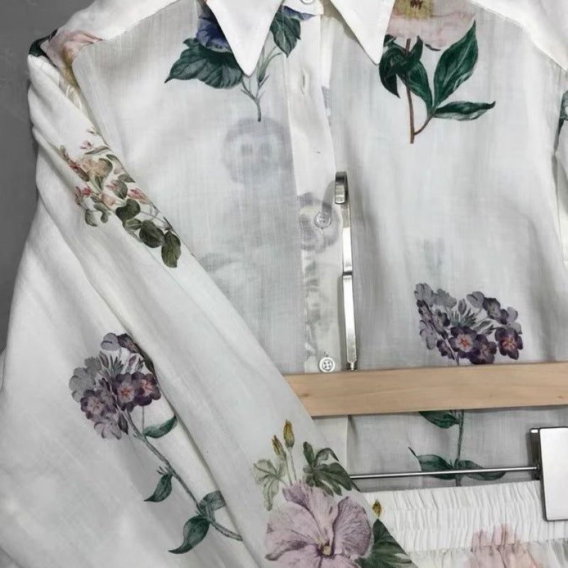 Summer fashion two-piece temperament white printed shirt with long sleeves and loose fit