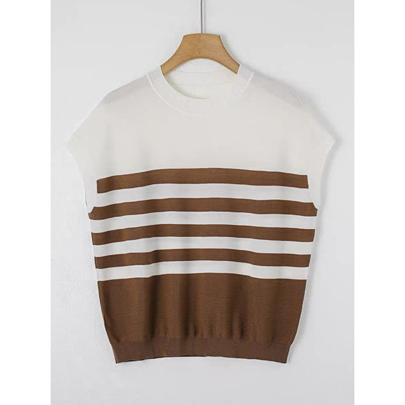 Striped Knitted Shirt Summer Women's Round Neck Contrast Short Sleeve T-shirt New Casual Loose Thin Top