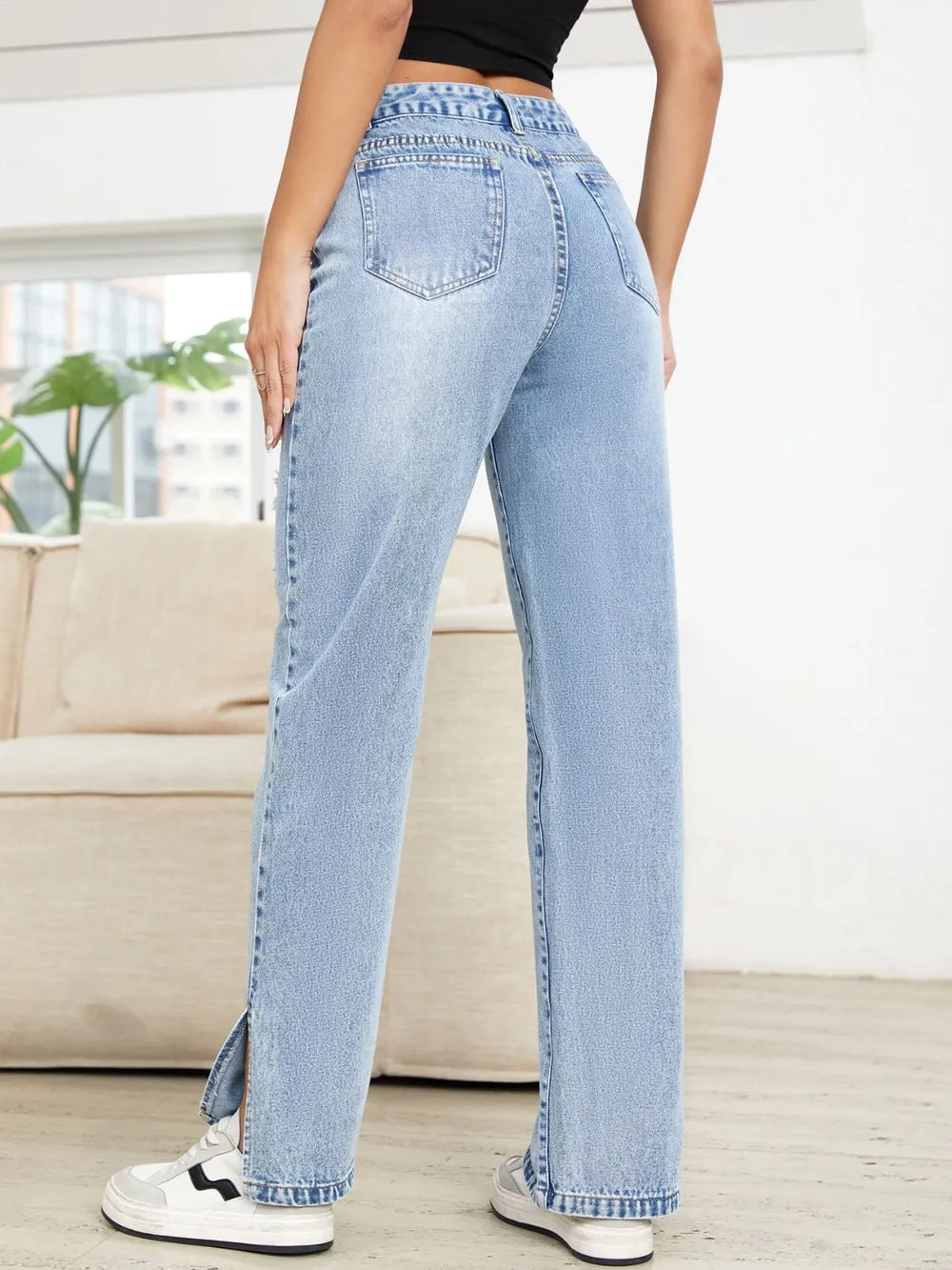 Jeans Rectos con Abertura y Efecto Desgastado