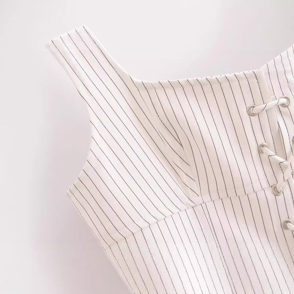 Fashionable temperament low neck sleeveless strap striped vest top