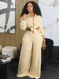 European and American autumn new women's long sleeved loose casual shirt wide leg pants set
