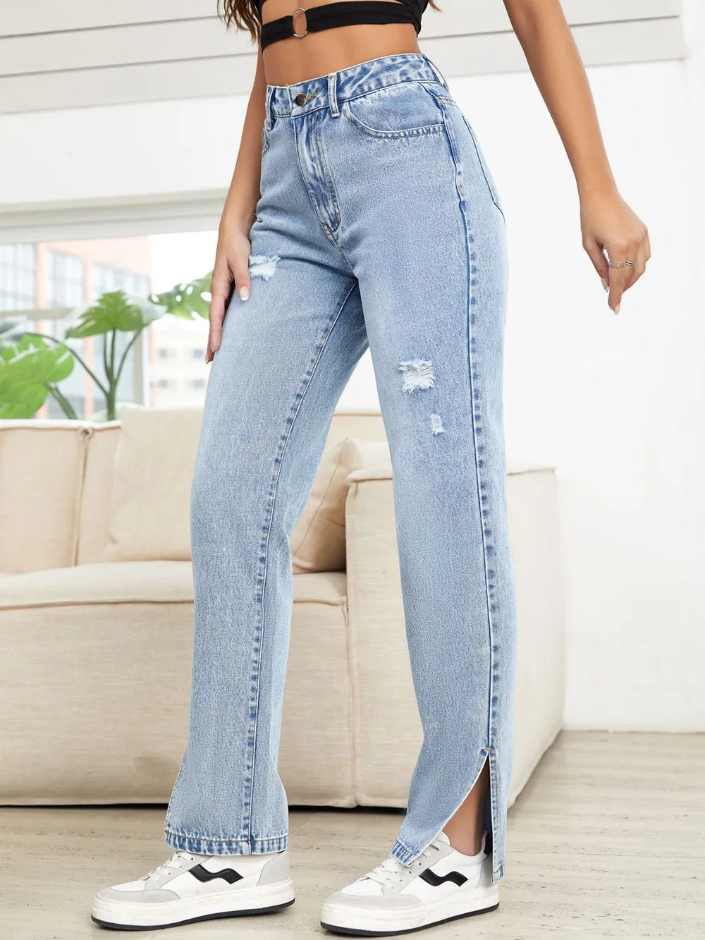 Jeans Rectos con Abertura y Efecto Desgastado