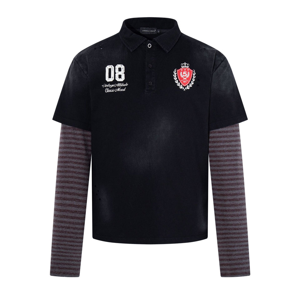 Striped patchwork fake two-piece long sleeved T-shirt for men