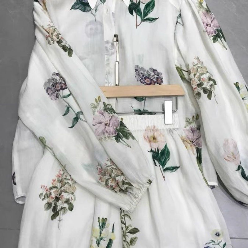 Summer fashion two-piece temperament white printed shirt with long sleeves and loose fit