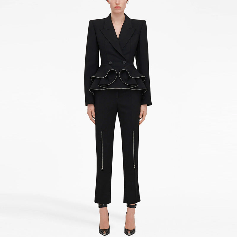 European and American celebrity fashion new zipper ruffle edge suit jacket, small leg pants set, two-piece set