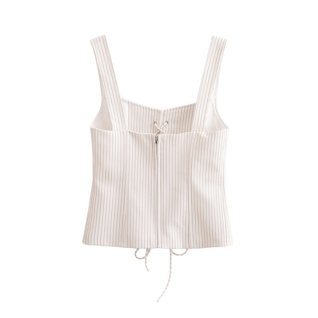 Fashionable temperament low neck sleeveless strap striped vest top