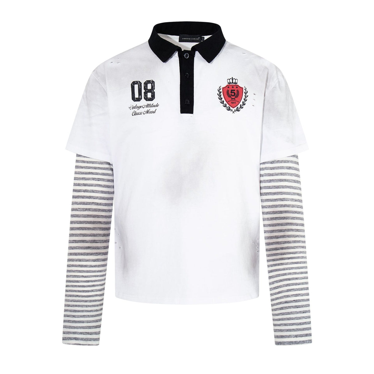 Striped patchwork fake two-piece long sleeved T-shirt for men