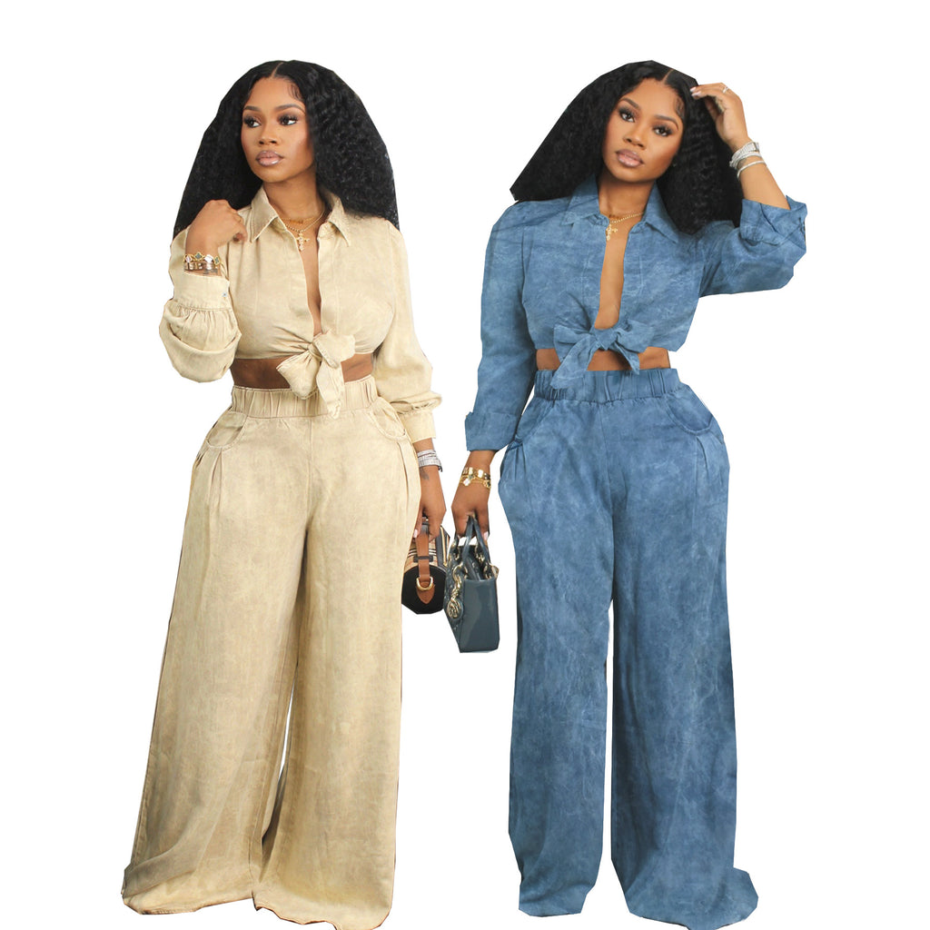 European and American autumn new women's long sleeved loose casual shirt wide leg pants set