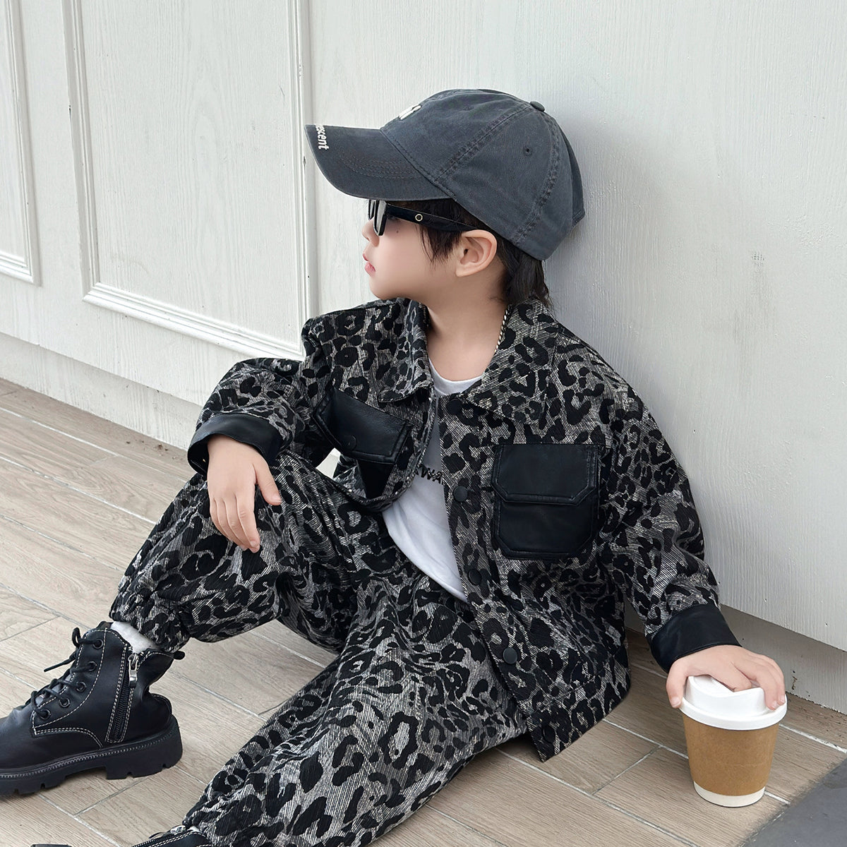 Boys Leopard Print Denim Two-Piece Set Spring Autumn