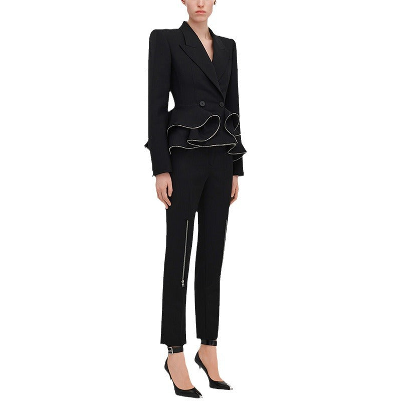 European and American celebrity fashion new zipper ruffle edge suit jacket, small leg pants set, two-piece set