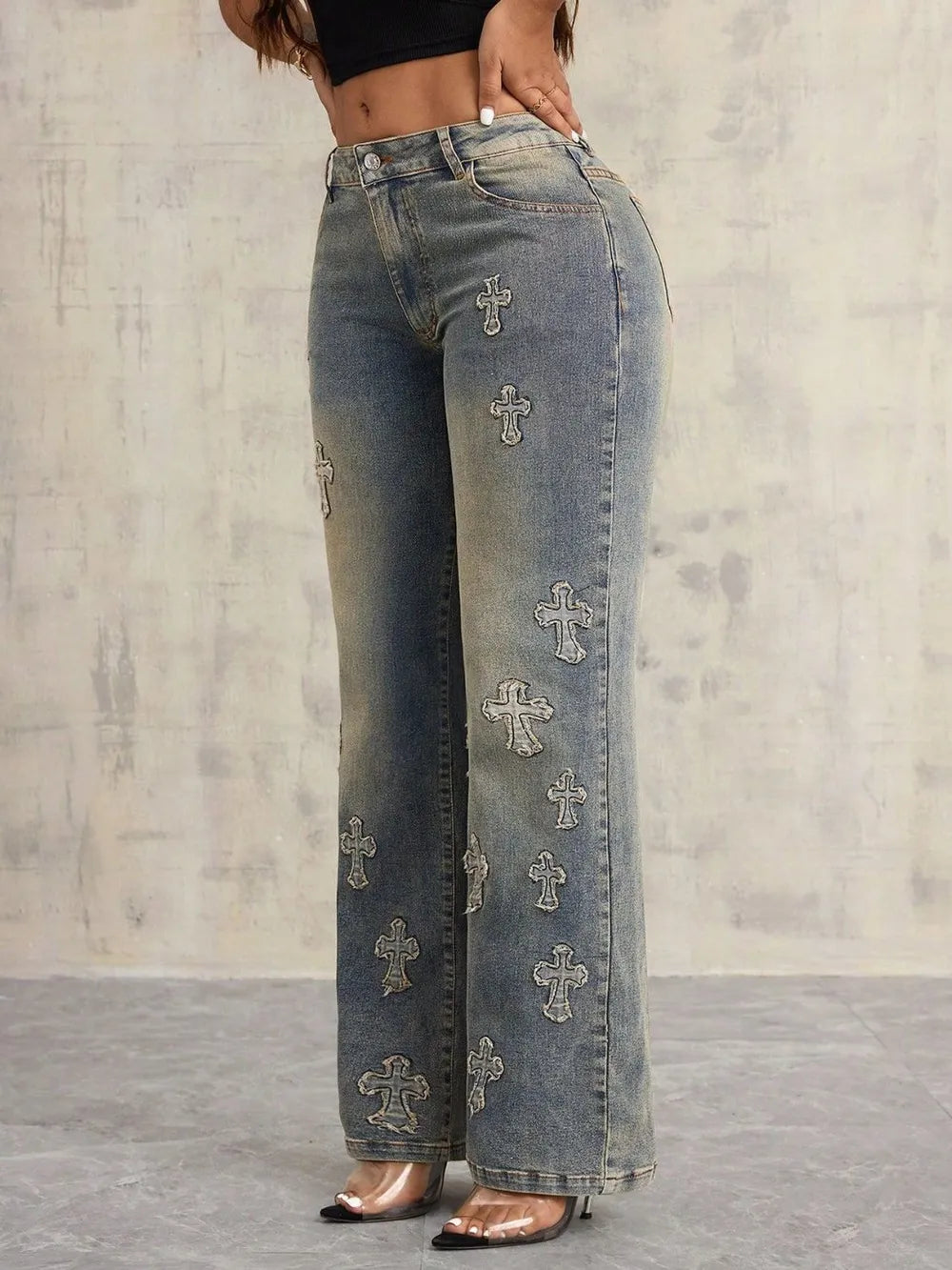 Jeans Pierna Ancha con Cruce Frontal y Bolsillos