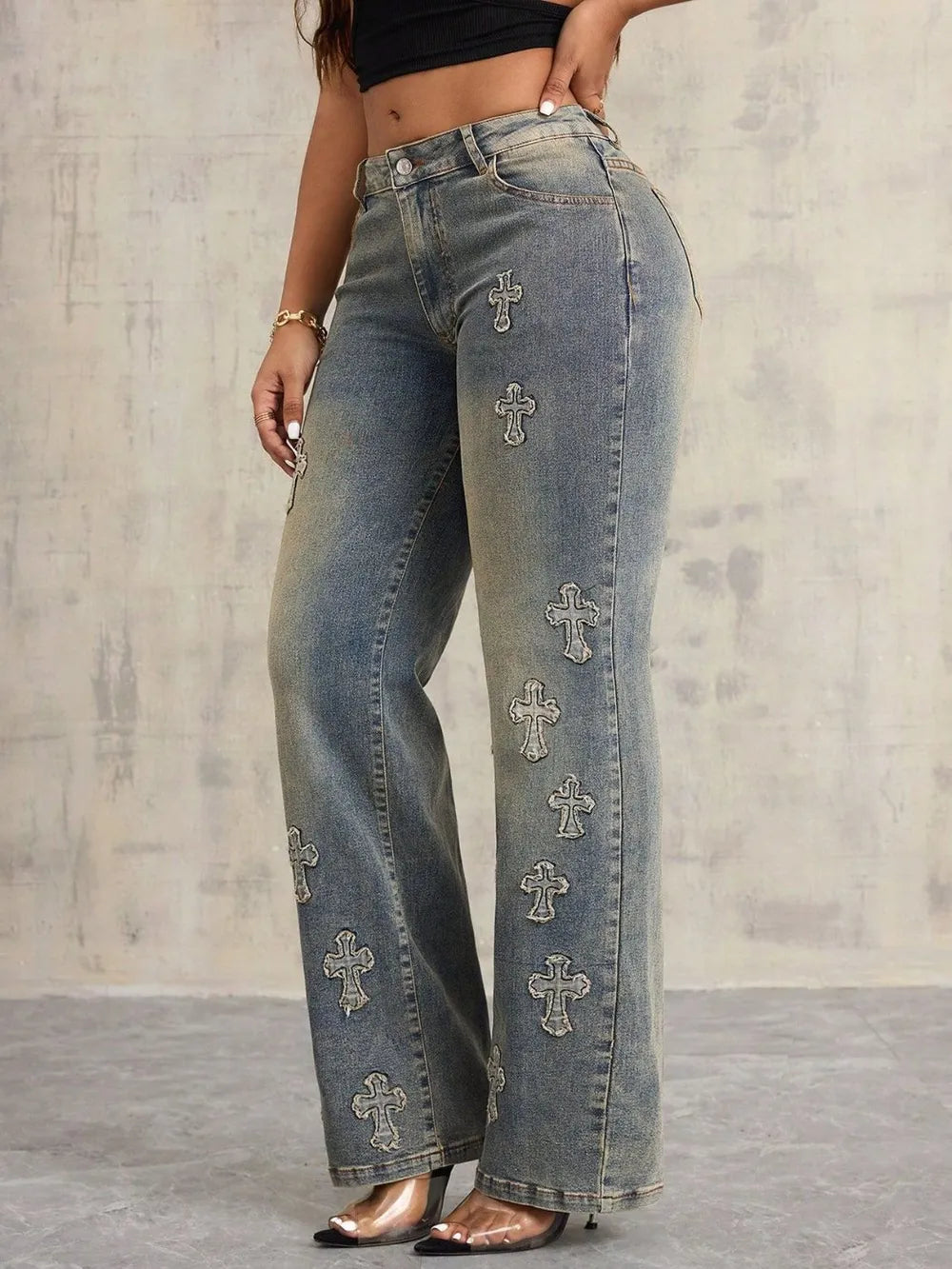 Jeans Pierna Ancha con Cruce Frontal y Bolsillos