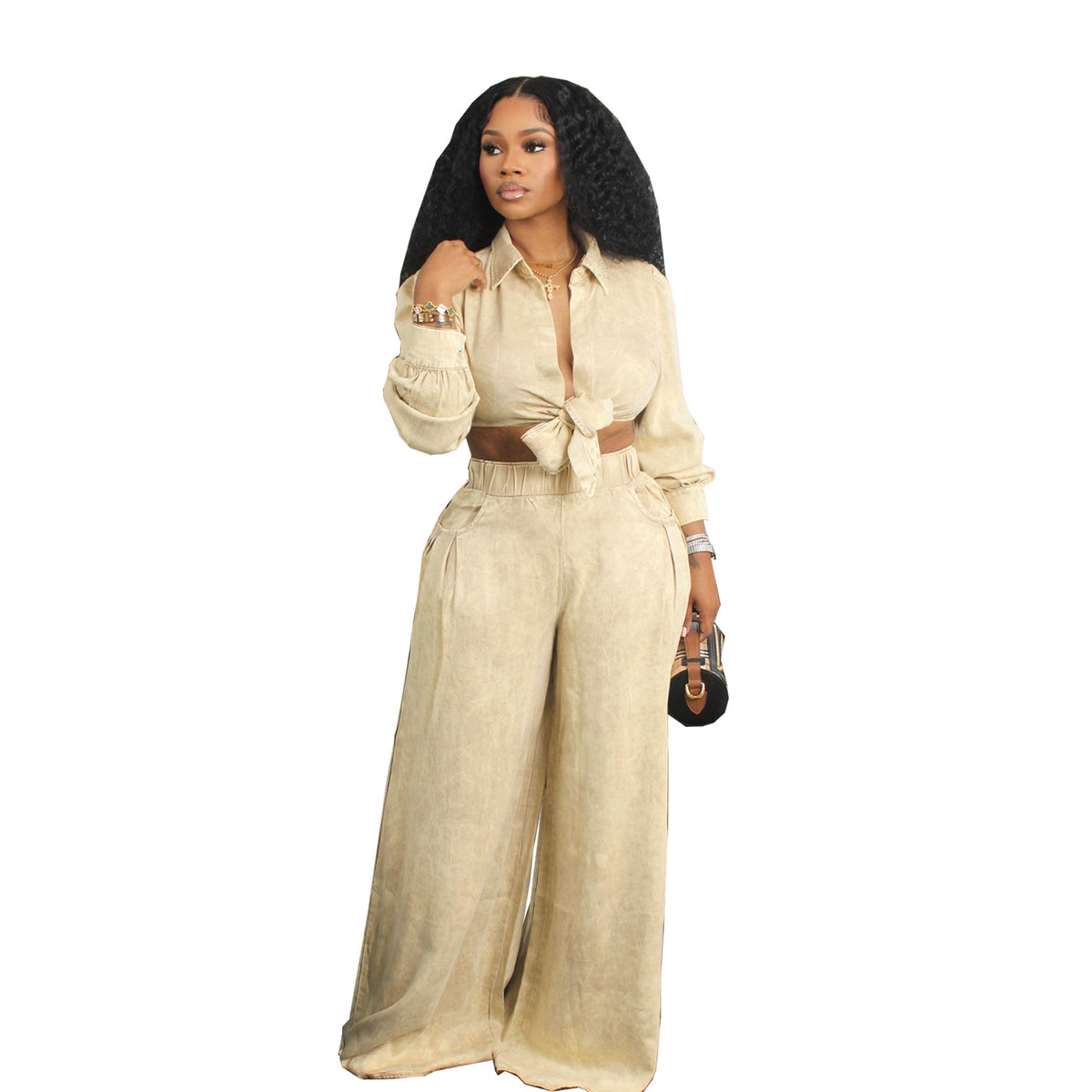 European and American autumn new women's long sleeved loose casual shirt wide leg pants set