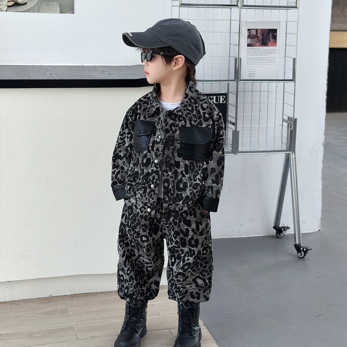 Boys Leopard Print Denim Two-Piece Set Spring Autumn