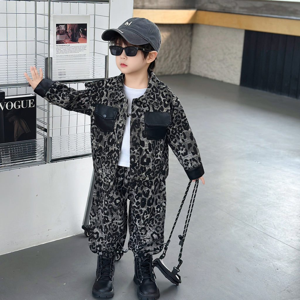 Boys Leopard Print Denim Two-Piece Set Spring Autumn