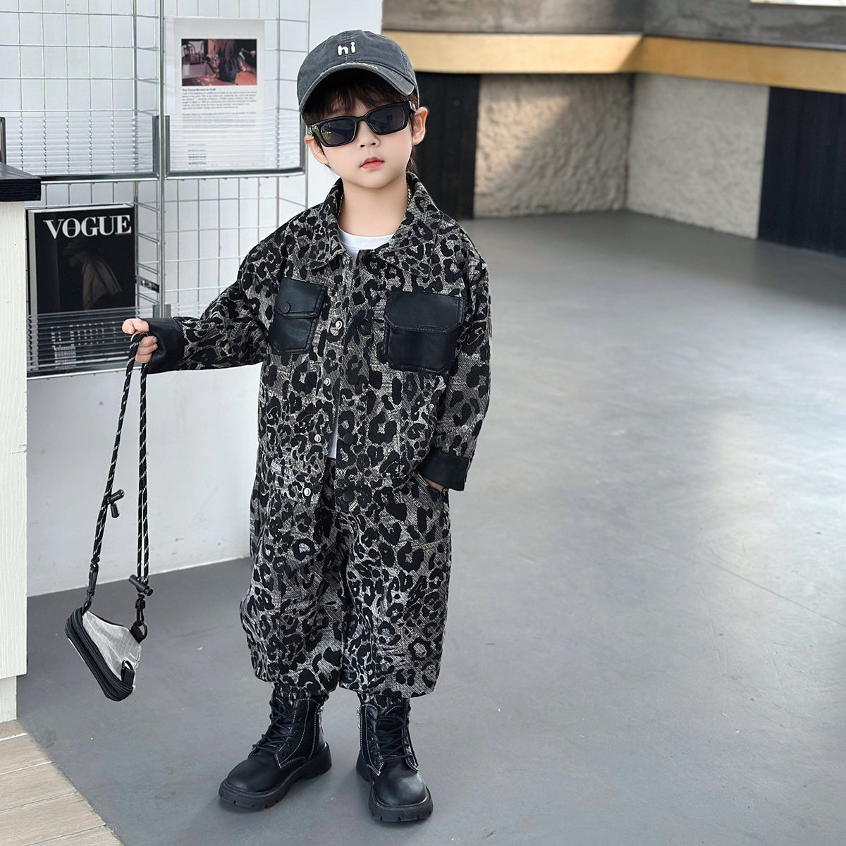 Boys Leopard Print Denim Two-Piece Set Spring Autumn