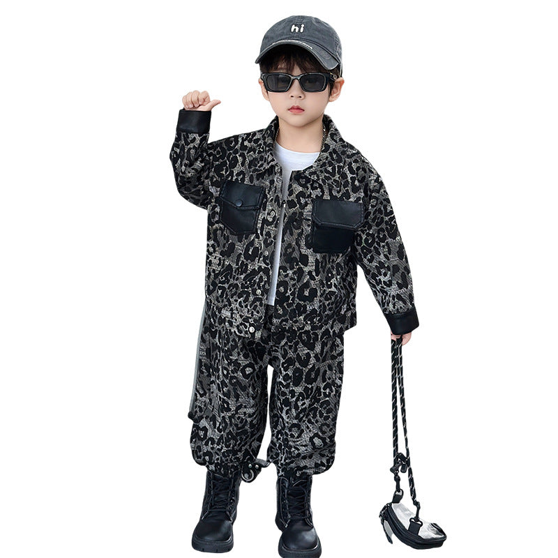 Boys Leopard Print Denim Two-Piece Set Spring Autumn