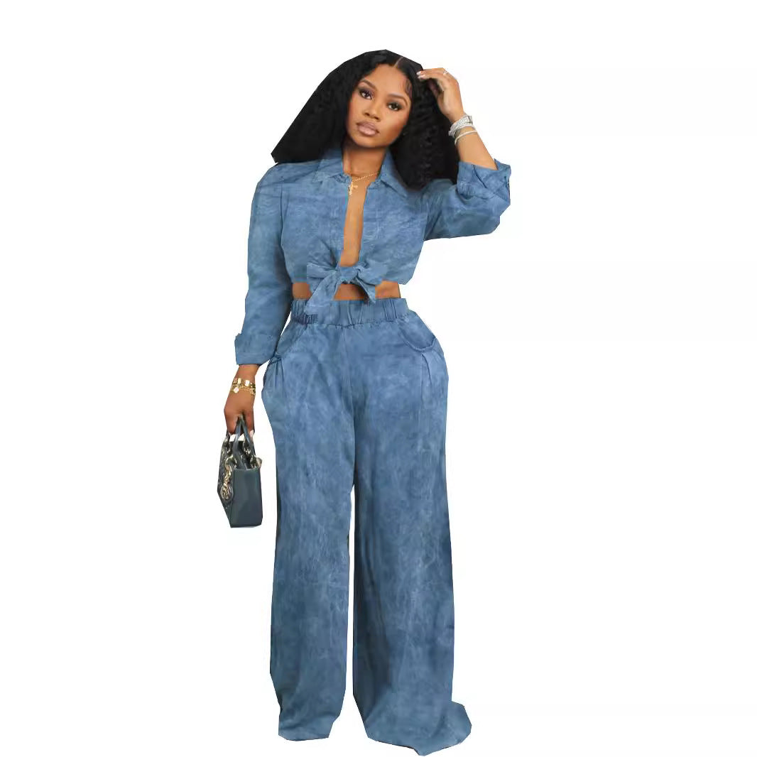 European and American autumn new women's long sleeved loose casual shirt wide leg pants set