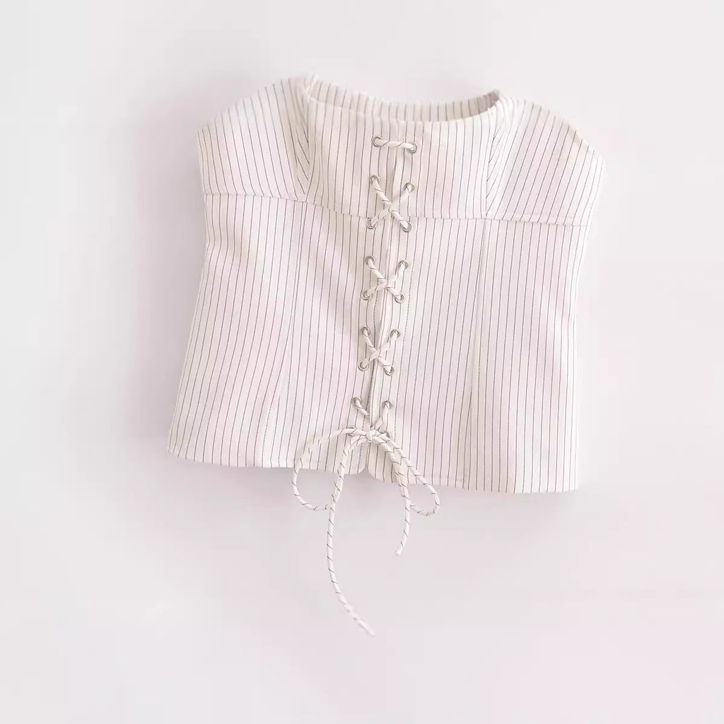 Fashionable temperament low neck sleeveless strap striped vest top