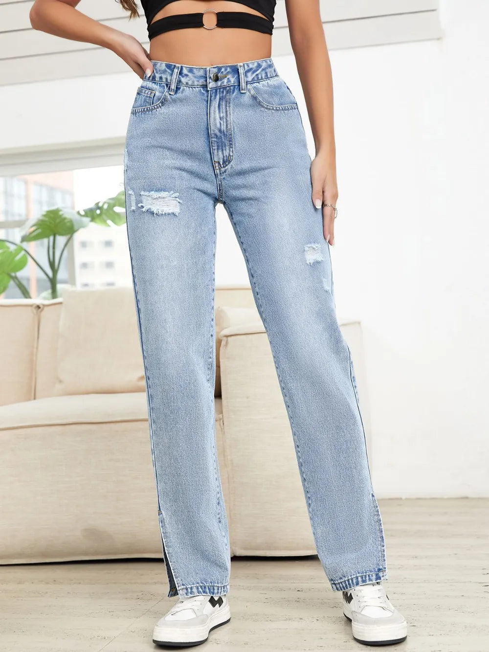 Jeans Rectos con Abertura y Efecto Desgastado