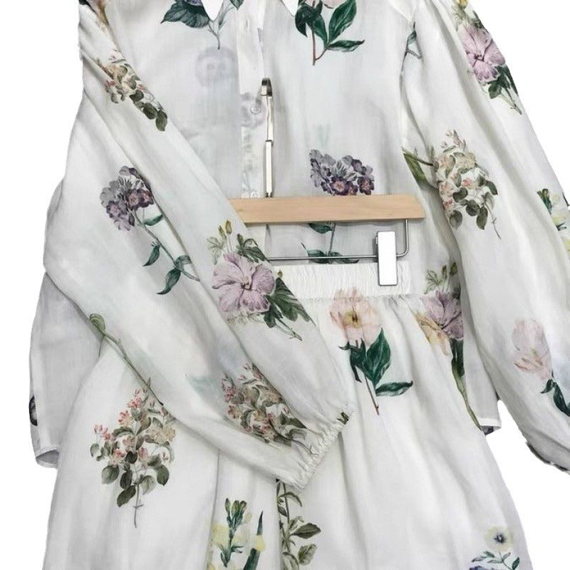 Summer fashion two-piece temperament white printed shirt with long sleeves and loose fit