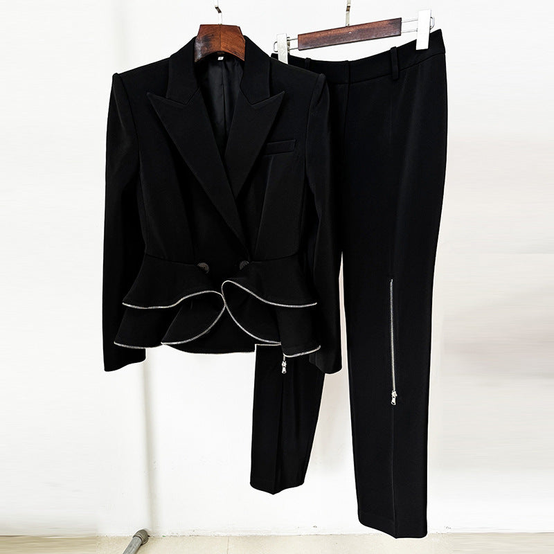 European and American celebrity fashion new zipper ruffle edge suit jacket, small leg pants set, two-piece set