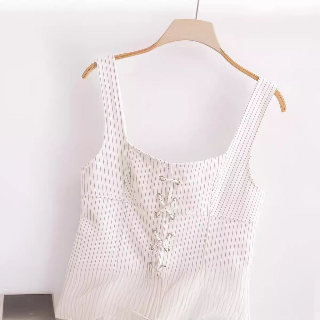 Fashionable temperament low neck sleeveless strap striped vest top