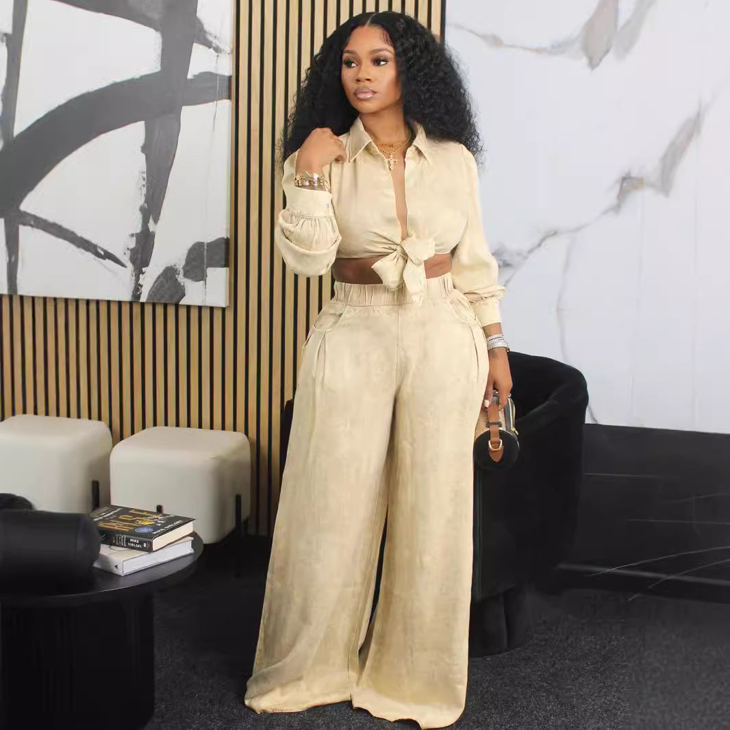 European and American autumn new women's long sleeved loose casual shirt wide leg pants set