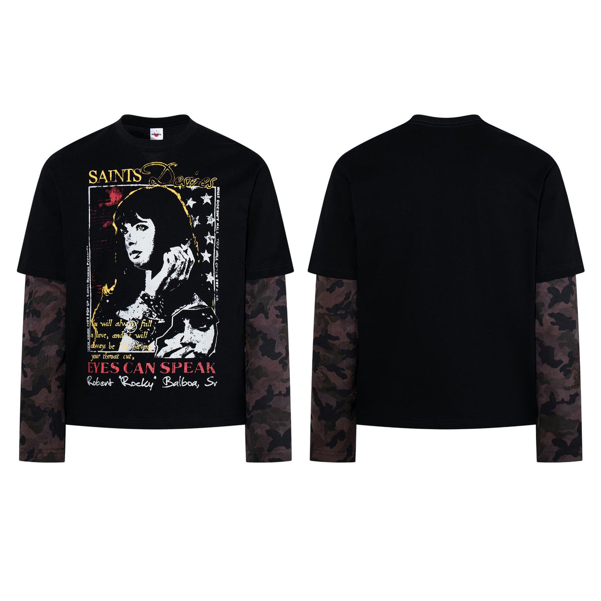 Retro camouflage patchwork fake two piece long sleeved T-shirt