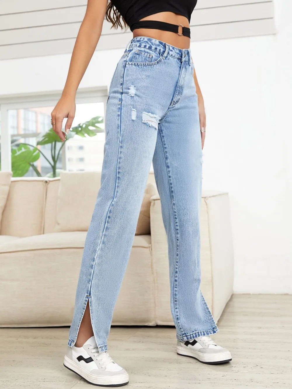 Jeans Rectos con Abertura y Efecto Desgastado