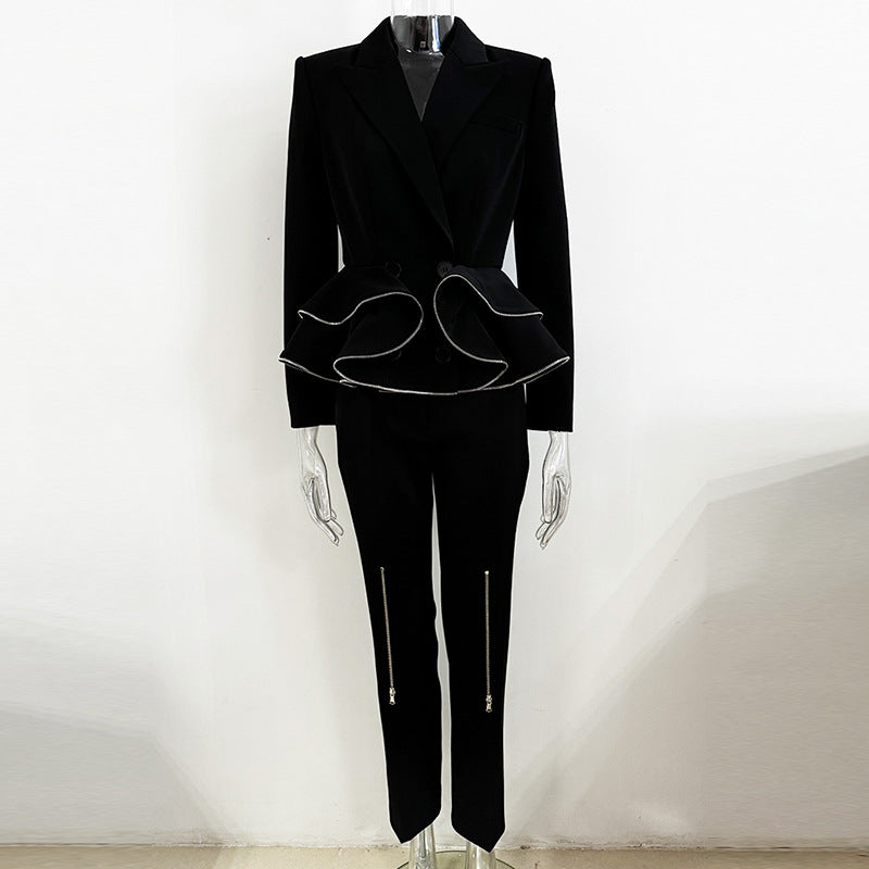 European and American celebrity fashion new zipper ruffle edge suit jacket, small leg pants set, two-piece set