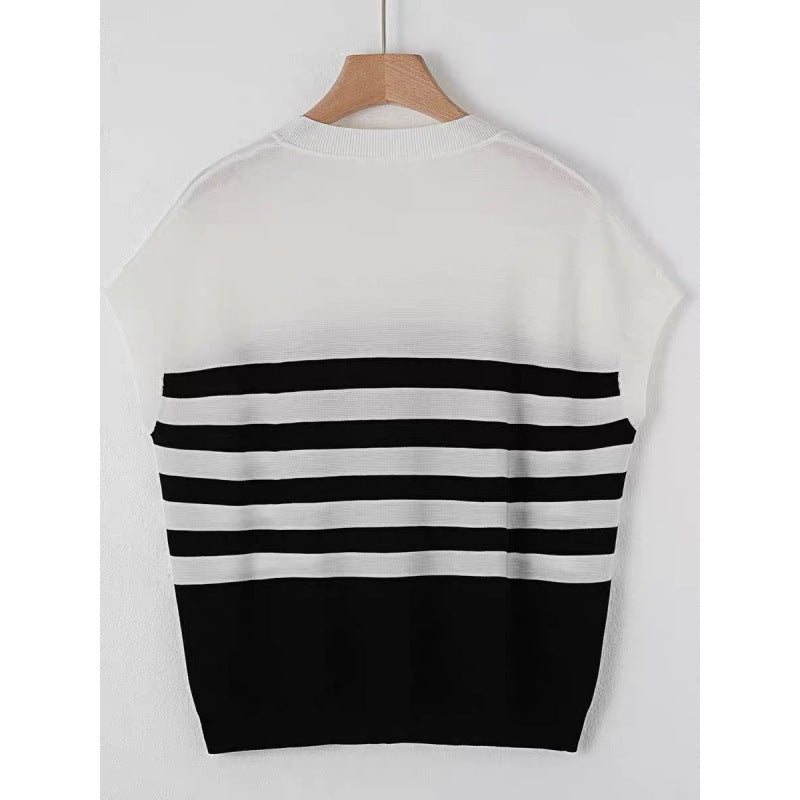 Striped Knitted Shirt Summer Women's Round Neck Contrast Short Sleeve T-shirt New Casual Loose Thin Top