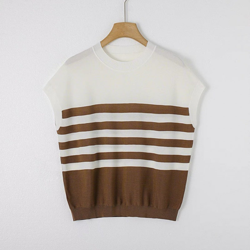 Striped Knitted Shirt Summer Women's Round Neck Contrast Short Sleeve T-shirt New Casual Loose Thin Top