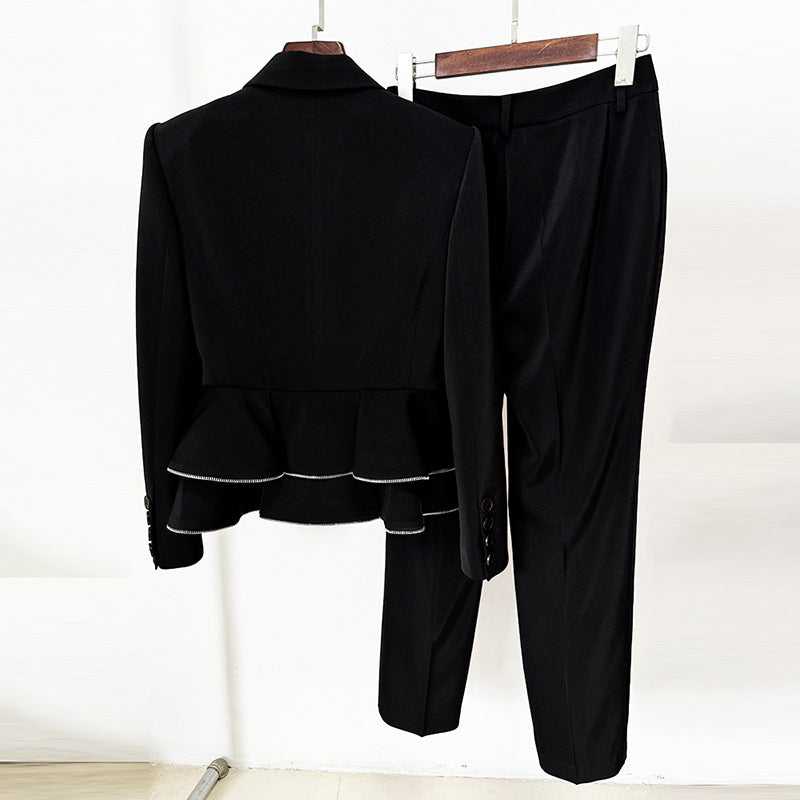 European and American celebrity fashion new zipper ruffle edge suit jacket, small leg pants set, two-piece set